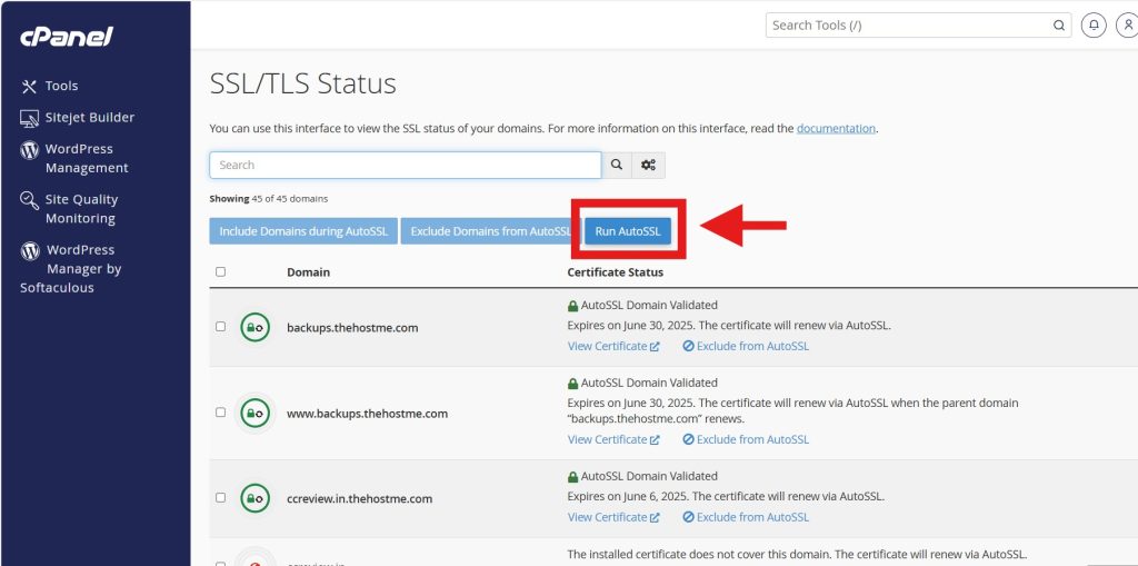 cPanel Run AutoSSL Button